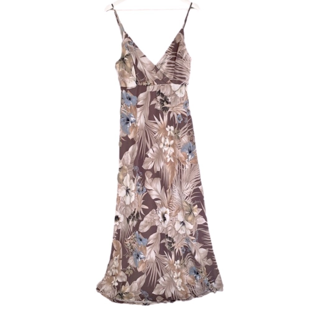 WINDSOR Maxi Dress Surplice Wrap Tropical Floral Lavender Tan Pale Blue Women L - Picture 2 of 10
